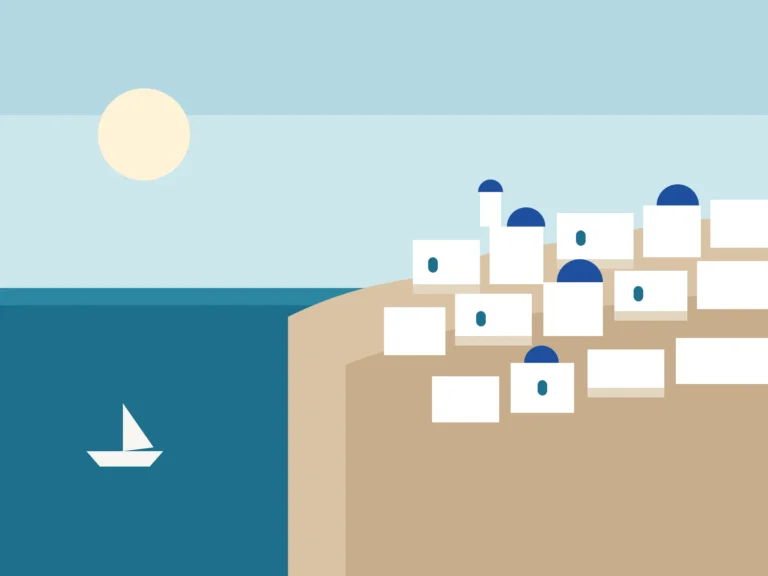 Illustration of a whitewashed Greek island village with blue domes above the sea