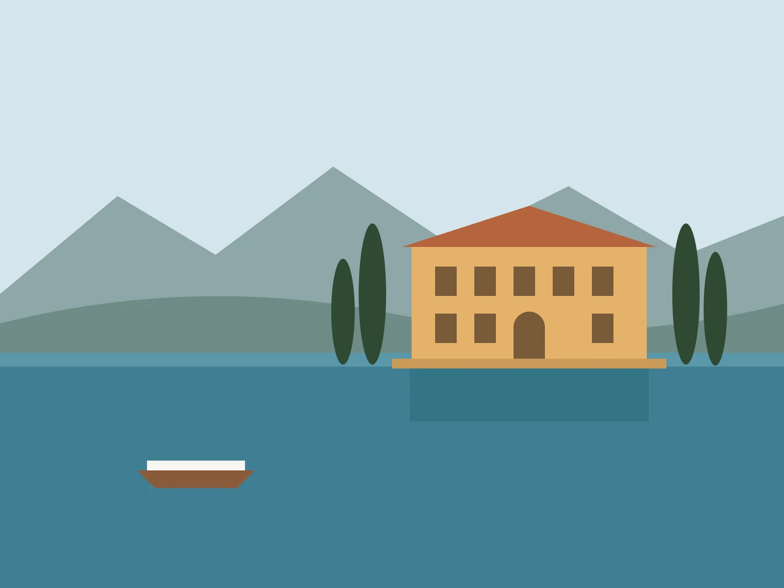 Illustration of an Italian lakeside villa with cypress trees