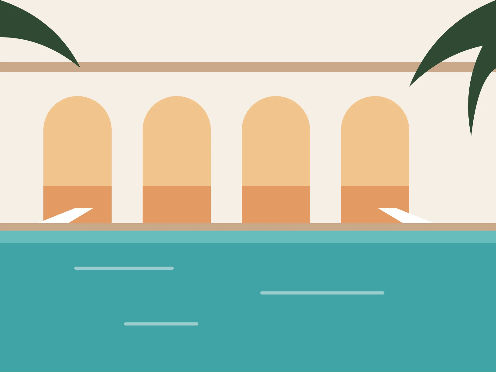 Illustration of a luxury villa with white arches beside an infinity pool